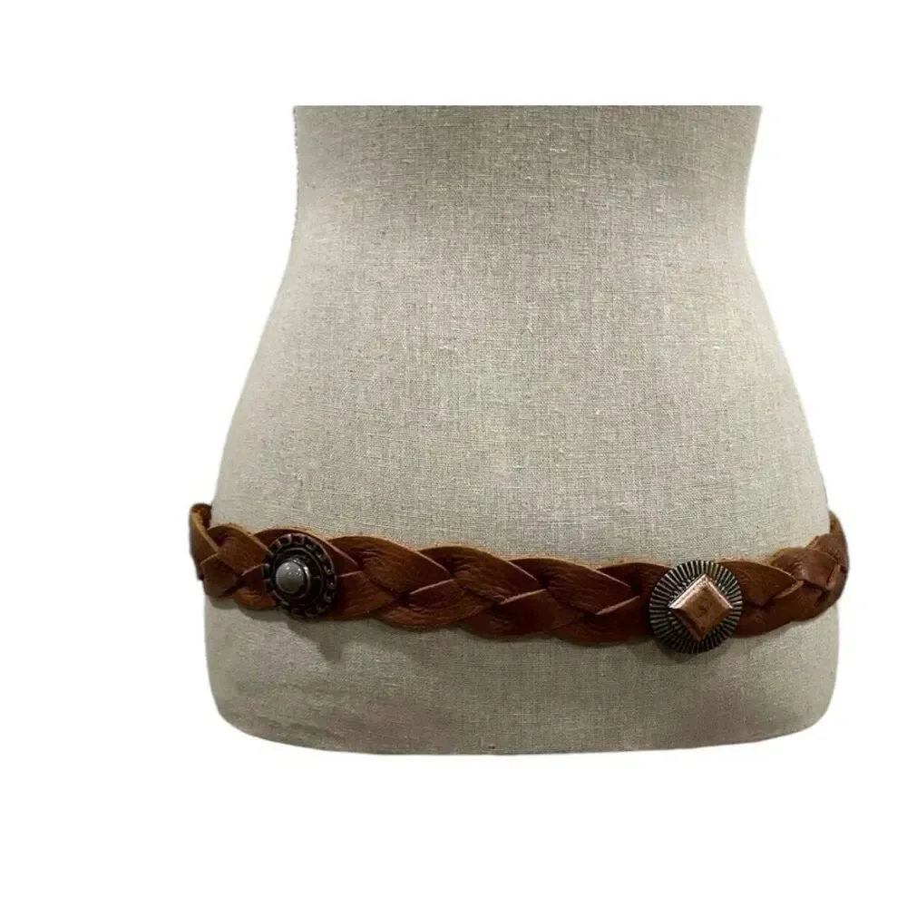 ✨Bebe cognac braided leather belt with turquoise details sz s/m✨